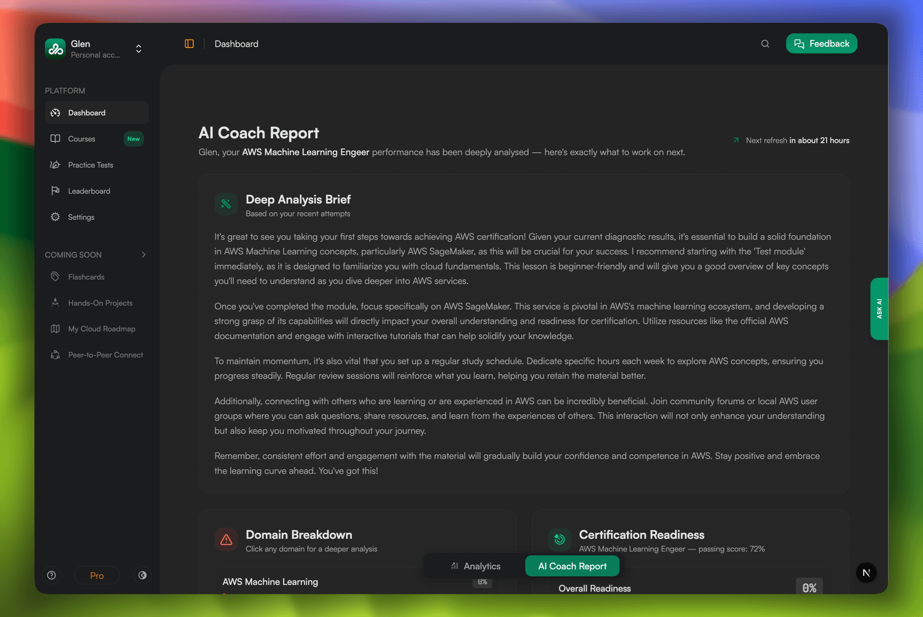 AI Cloud Coach report, refreshed as you practise
