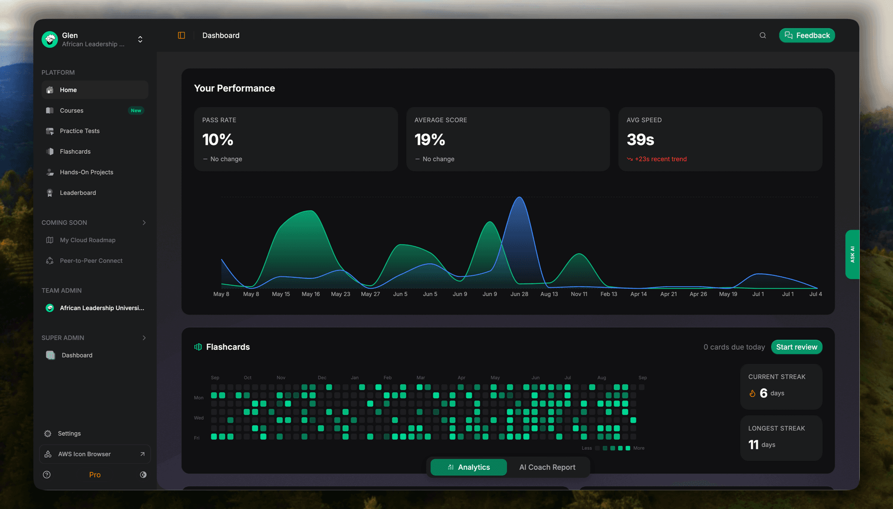 Performance dashboard and flashcard streaks