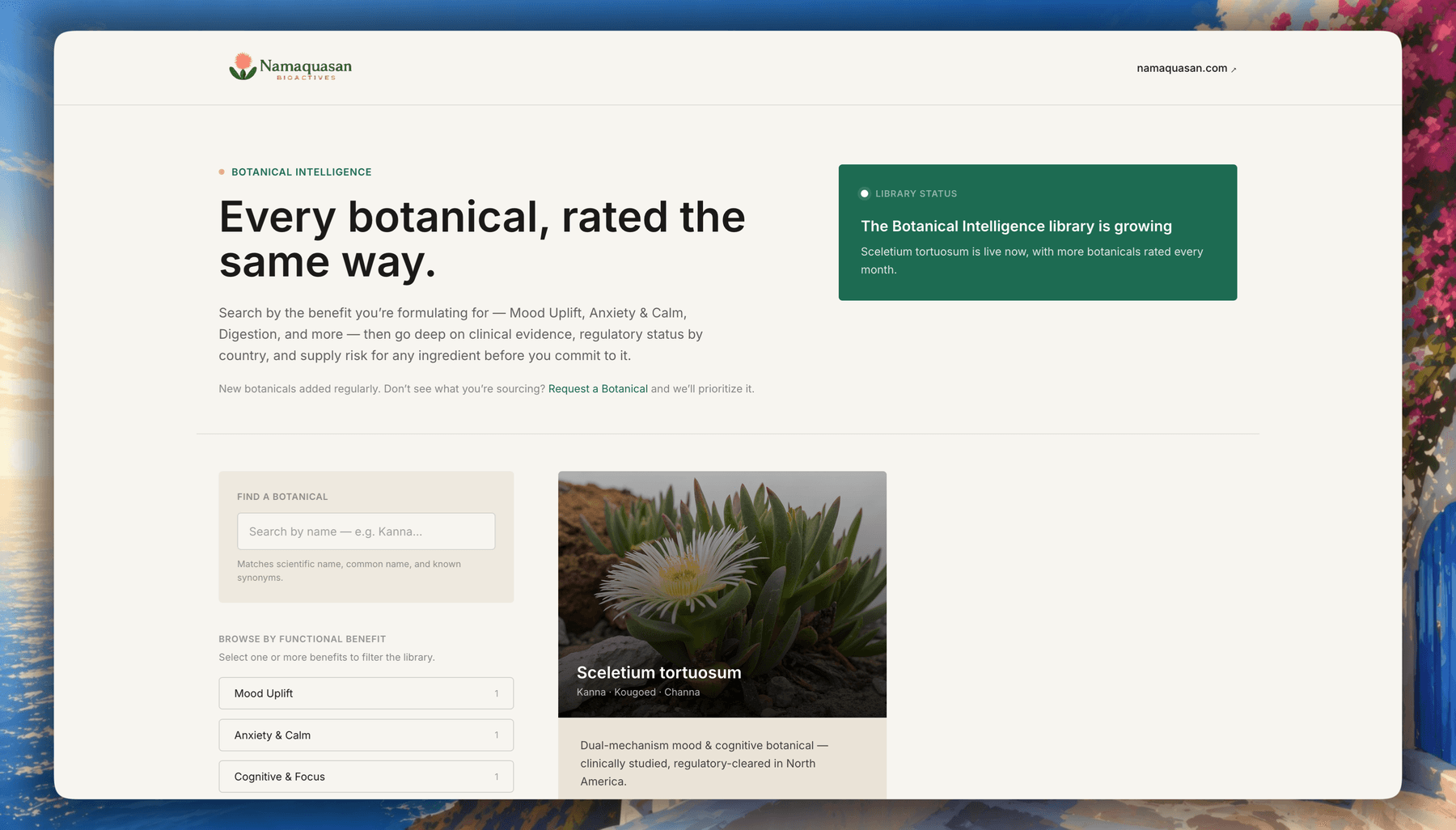 Botanical Intelligence library, filterable by benefit and region