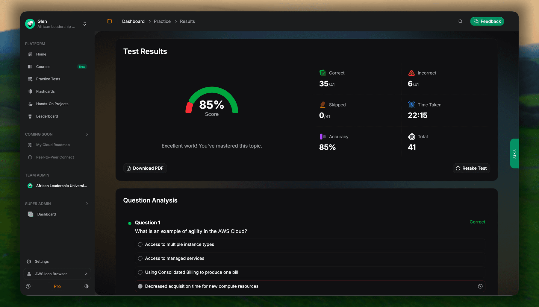Scored results with per-question analysis